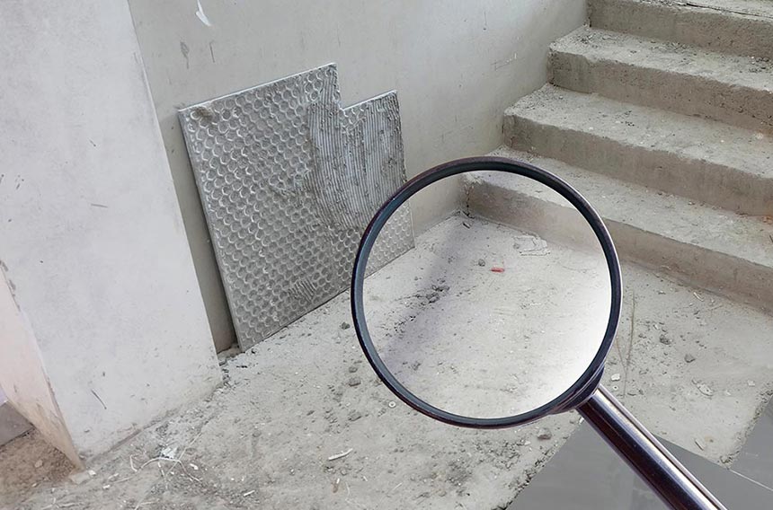 Magnifying glass over bare concrete floor and steps